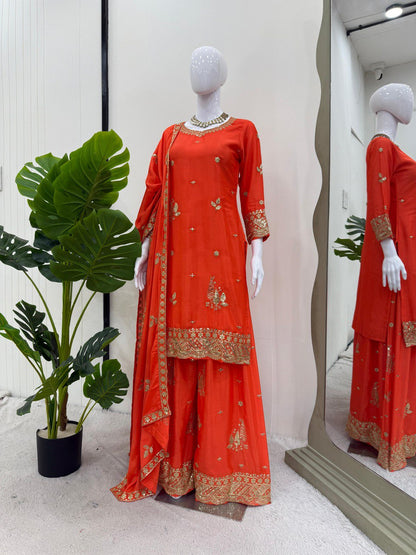 Function Wear Orange Color Chinon Silk With Thread And Sequin Embroidery Work Beautiful Palazzo Suit