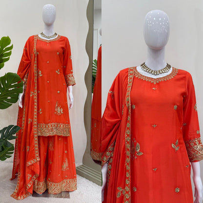 Function Wear Orange Color Chinon Silk With Thread And Sequin Embroidery Work Beautiful Palazzo Suit