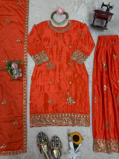 Function Wear Orange Color Chinon Silk With Thread And Sequin Embroidery Work Beautiful Palazzo Suit