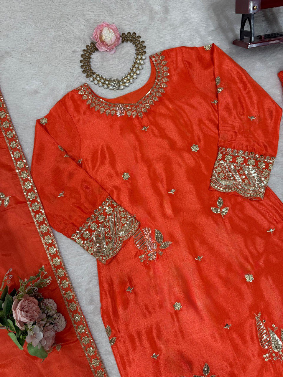 Function Wear Orange Color Chinon Silk With Thread And Sequin Embroidery Work Beautiful Palazzo Suit