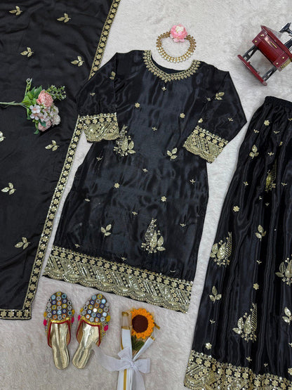 Festive Wear Black Color Chinon Silk With Thread And Sequin Embroidery Work Beautiful Palazzo Suit
