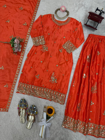 Function Wear Orange Color Chinon Silk With Thread And Sequin Embroidery Work Beautiful Palazzo Suit