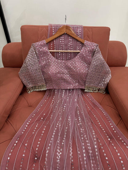 Wedding Wear Dusty Pink Color Soft Net Thread And Sequin Embroidery Work Saree