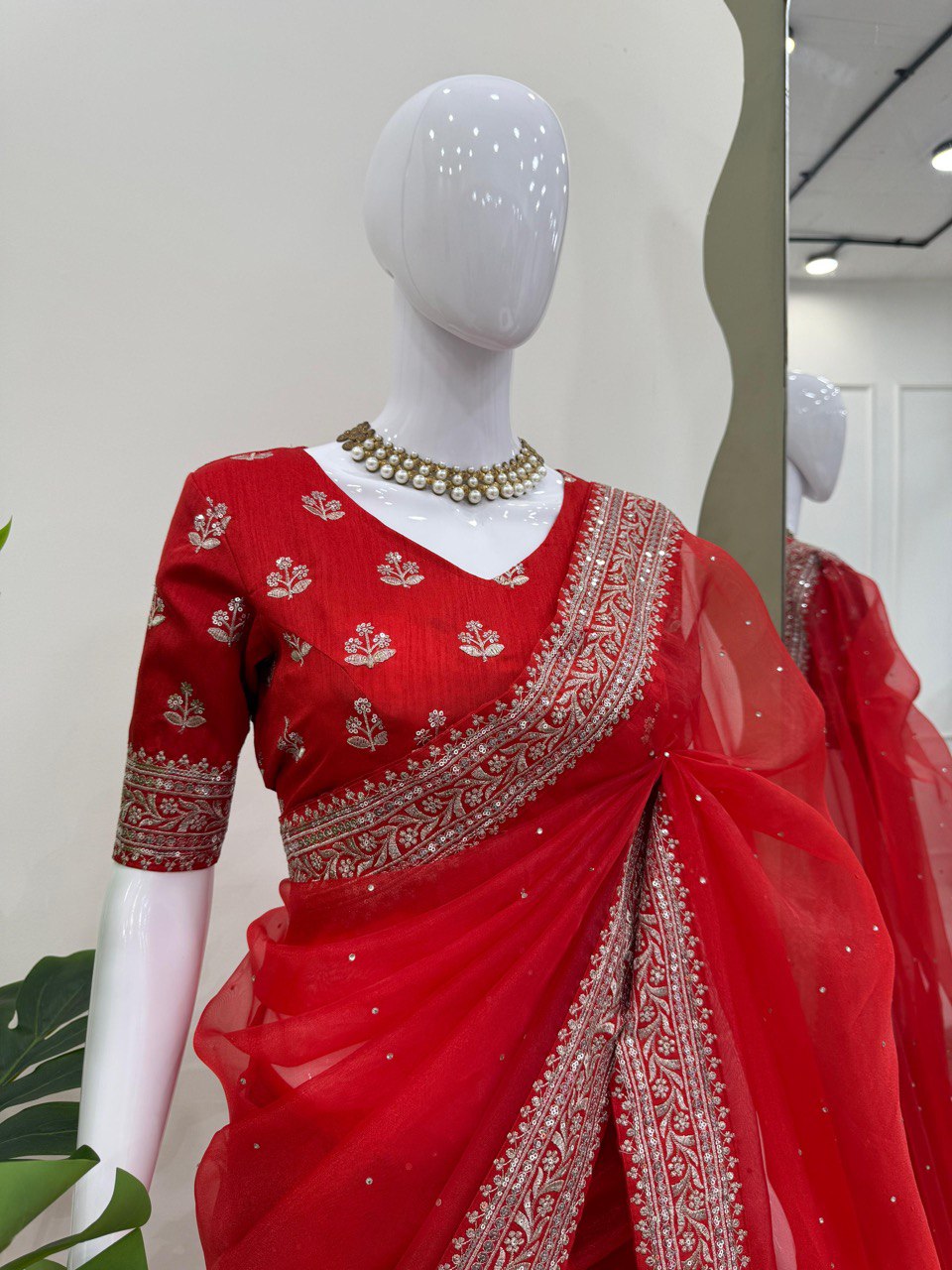 Ceremony Wear Red Color Rich Heavy Organza Silk Thread And Sequin Embroidery Work Designer Saree