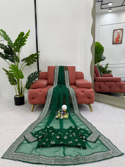 Ceremony Wear Green Color Rich Heavy Organza Silk Thread And Sequin Embroidery Work Designer Saree