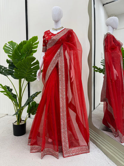 Ceremony Wear Red Color Rich Heavy Organza Silk Thread And Sequin Embroidery Work Designer Saree