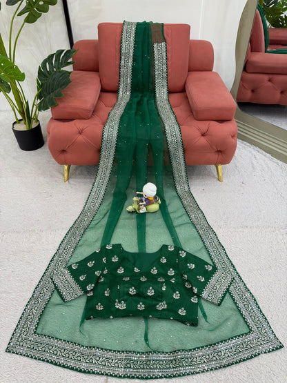 Ceremony Wear Green Color Rich Heavy Organza Silk Thread And Sequin Embroidery Work Designer Saree