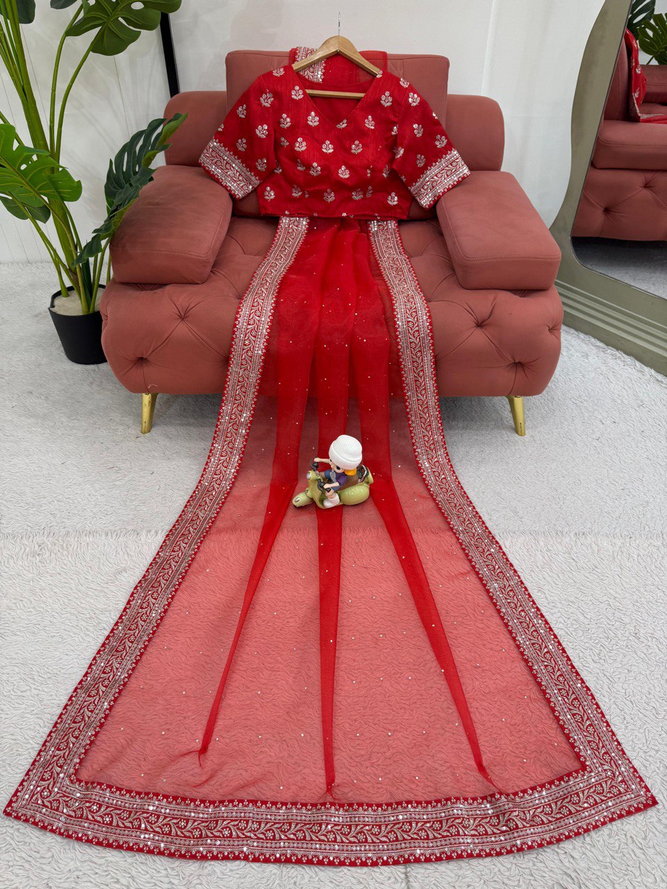 Ceremony Wear Red Color Rich Heavy Organza Silk Thread And Sequin Embroidery Work Designer Saree
