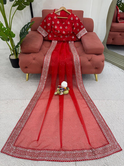 Ceremony Wear Red Color Rich Heavy Organza Silk Thread And Sequin Embroidery Work Designer Saree