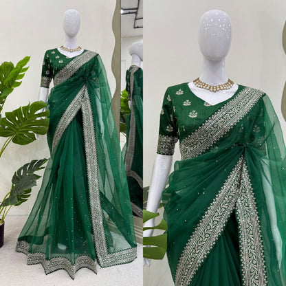 Ceremony Wear Green Color Rich Heavy Organza Silk Thread And Sequin Embroidery Work Designer Saree