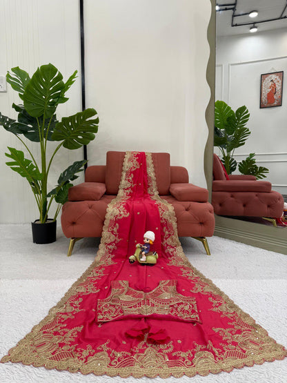 Fnction Wear Red Color Vichitra Silk Coding And Sequin Embroidery Work Saree