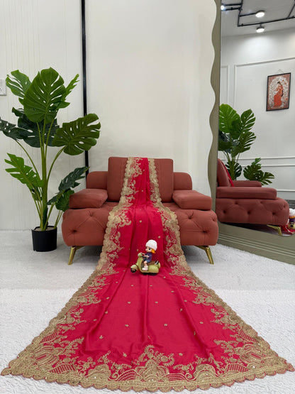 Fnction Wear Red Color Vichitra Silk Coding And Sequin Embroidery Work Saree