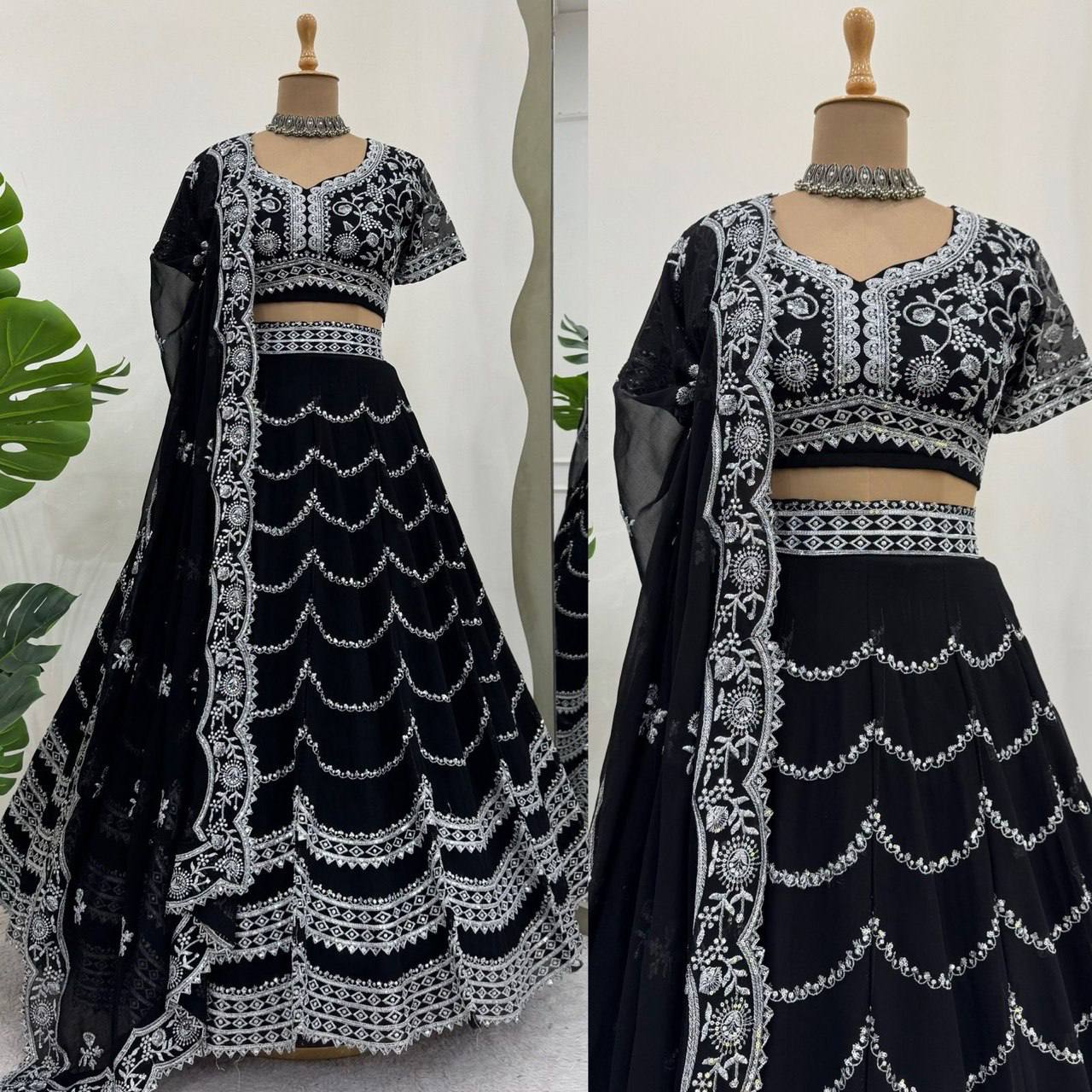 Party Wear Black Color Faux Georgette With Thread And Sequin Embroidery Work Beautiful Lehenga Choli