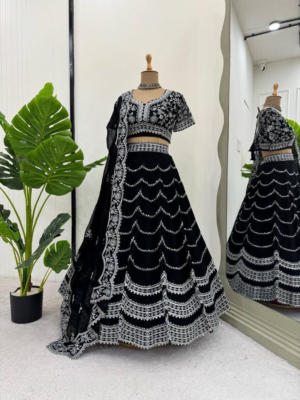 Party Wear Black Color Faux Georgette With Thread And Sequin Embroidery Work Beautiful Lehenga Choli