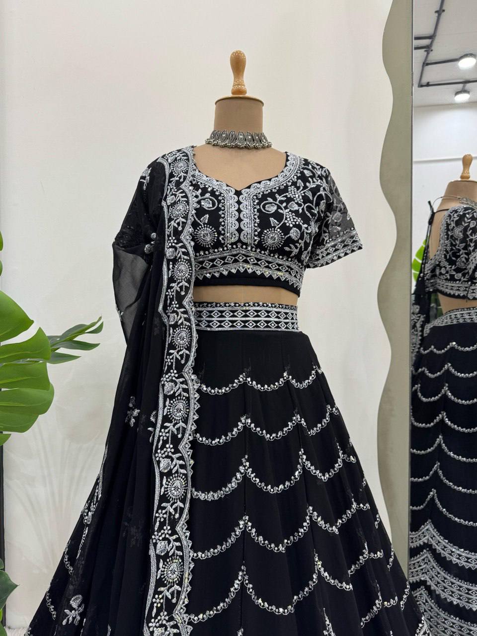 Party Wear Black Color Faux Georgette With Thread And Sequin Embroidery Work Beautiful Lehenga Choli