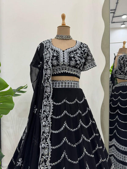 Party Wear Black Color Faux Georgette With Thread And Sequin Embroidery Work Beautiful Lehenga Choli