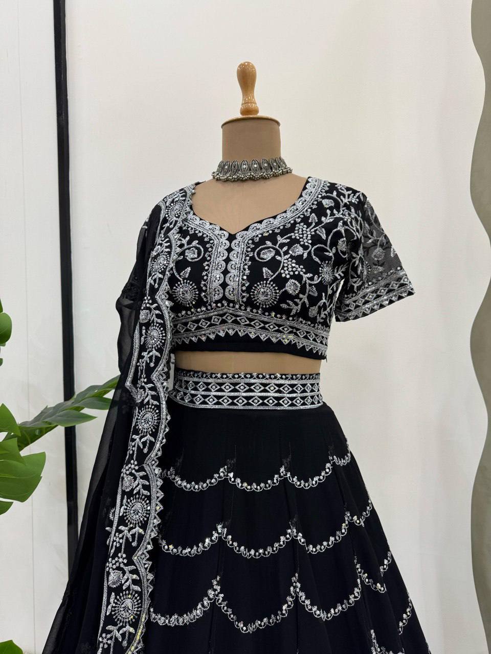 Party Wear Black Color Faux Georgette With Thread And Sequin Embroidery Work Beautiful Lehenga Choli