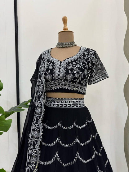 Party Wear Black Color Faux Georgette With Thread And Sequin Embroidery Work Beautiful Lehenga Choli