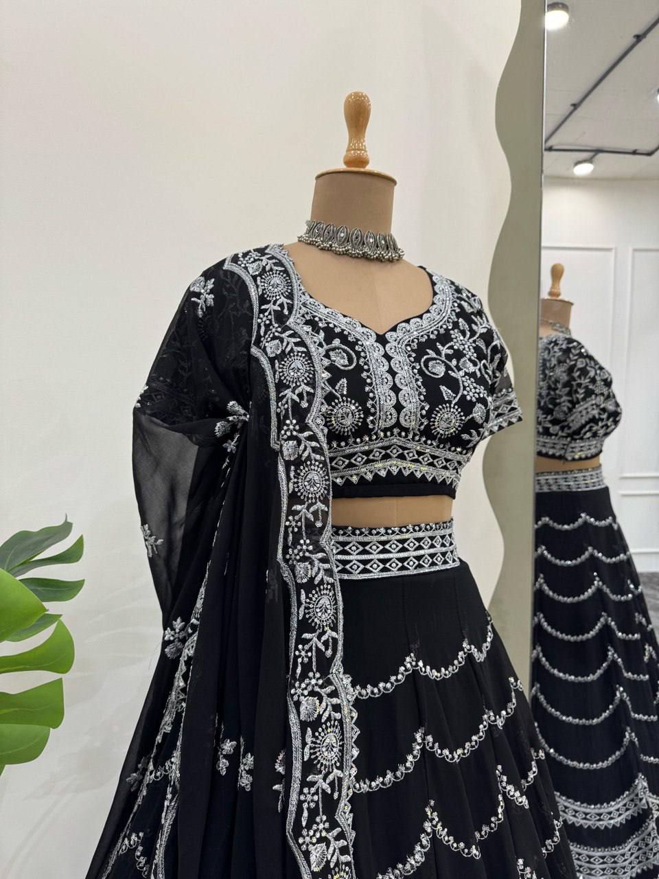 Party Wear Black Color Faux Georgette With Thread And Sequin Embroidery Work Beautiful Lehenga Choli