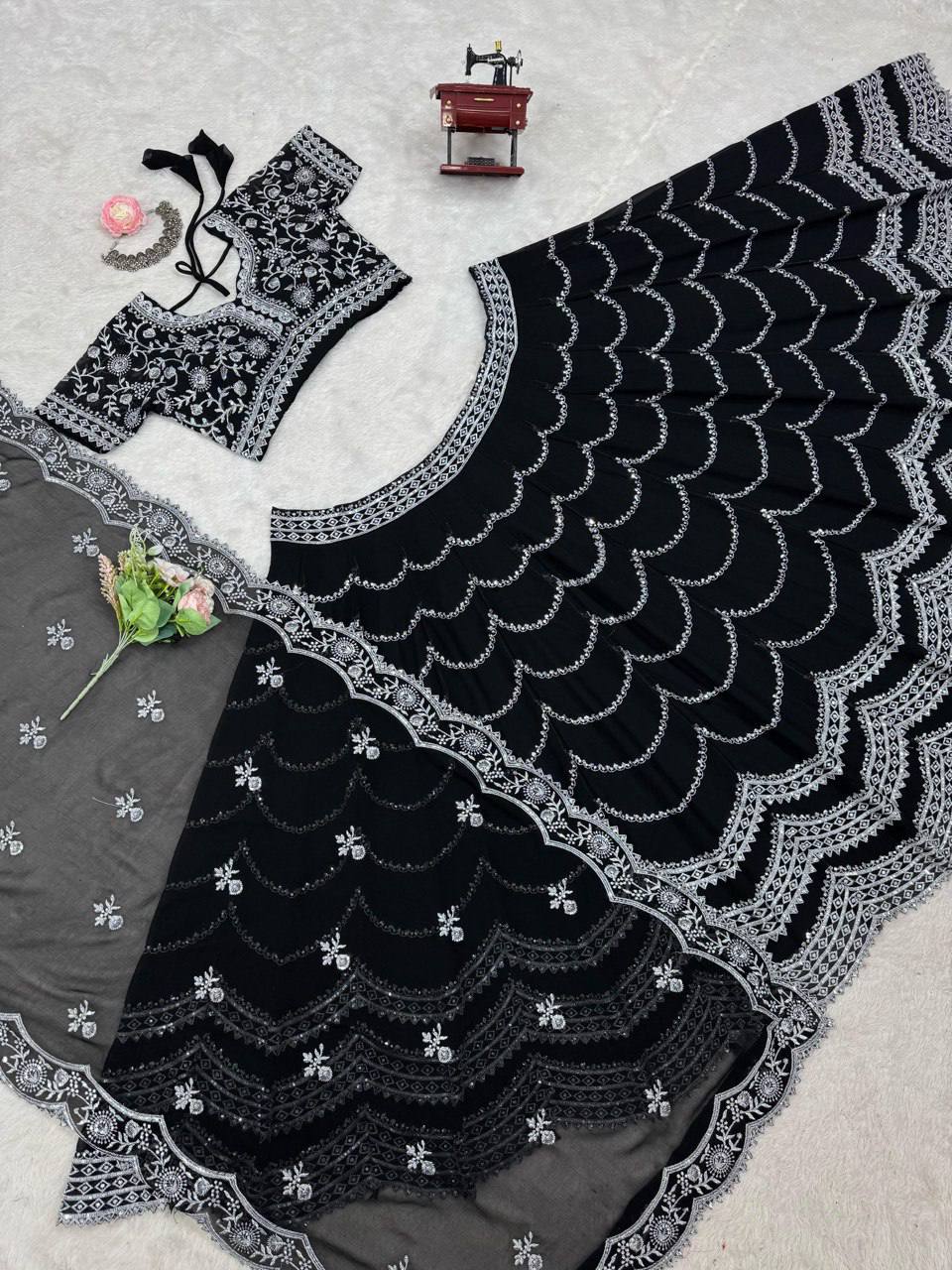 Party Wear Black Color Faux Georgette With Thread And Sequin Embroidery Work Beautiful Lehenga Choli
