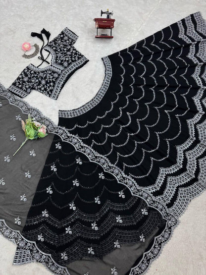 Party Wear Black Color Faux Georgette With Thread And Sequin Embroidery Work Beautiful Lehenga Choli
