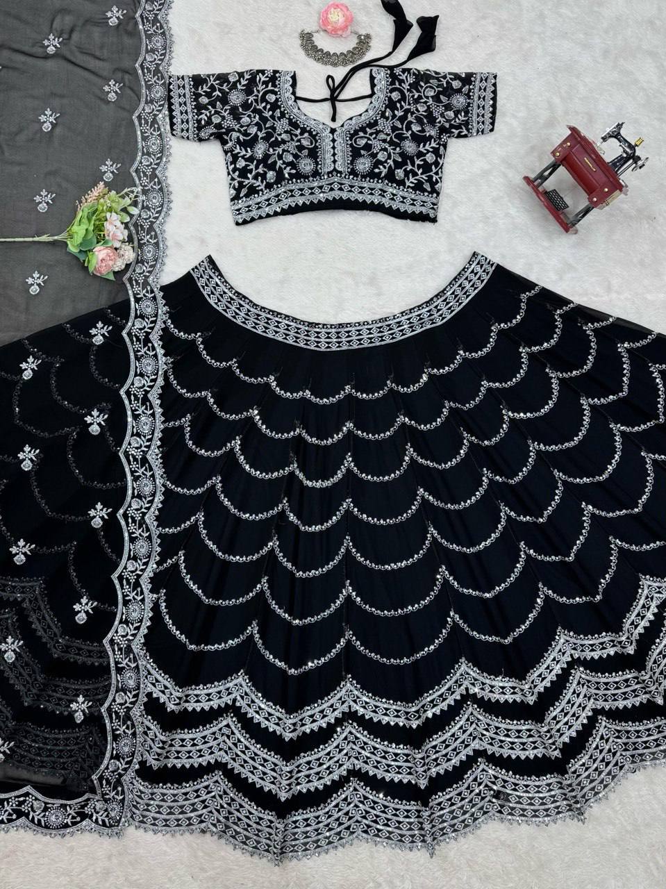 Party Wear Black Color Faux Georgette With Thread And Sequin Embroidery Work Beautiful Lehenga Choli