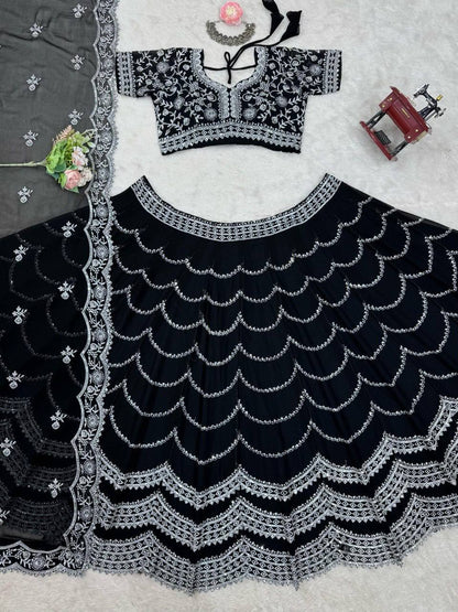 Party Wear Black Color Faux Georgette With Thread And Sequin Embroidery Work Beautiful Lehenga Choli