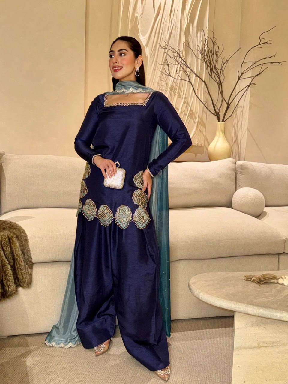 Alluring Navy Blue Color Natural Crepe Sequence Work Farshi Suit