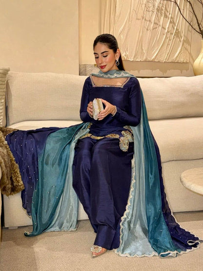 Alluring Navy Blue Color Natural Crepe Sequence Work Farshi Suit