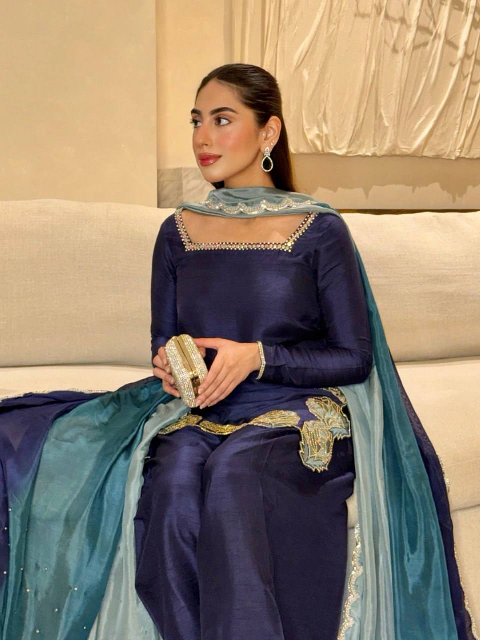 Alluring Navy Blue Color Natural Crepe Sequence Work Farshi Suit
