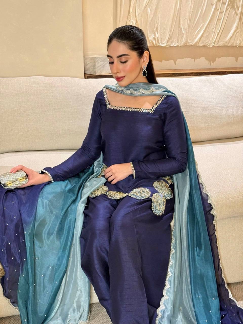 Alluring Navy Blue Color Natural Crepe Sequence Work Farshi Suit