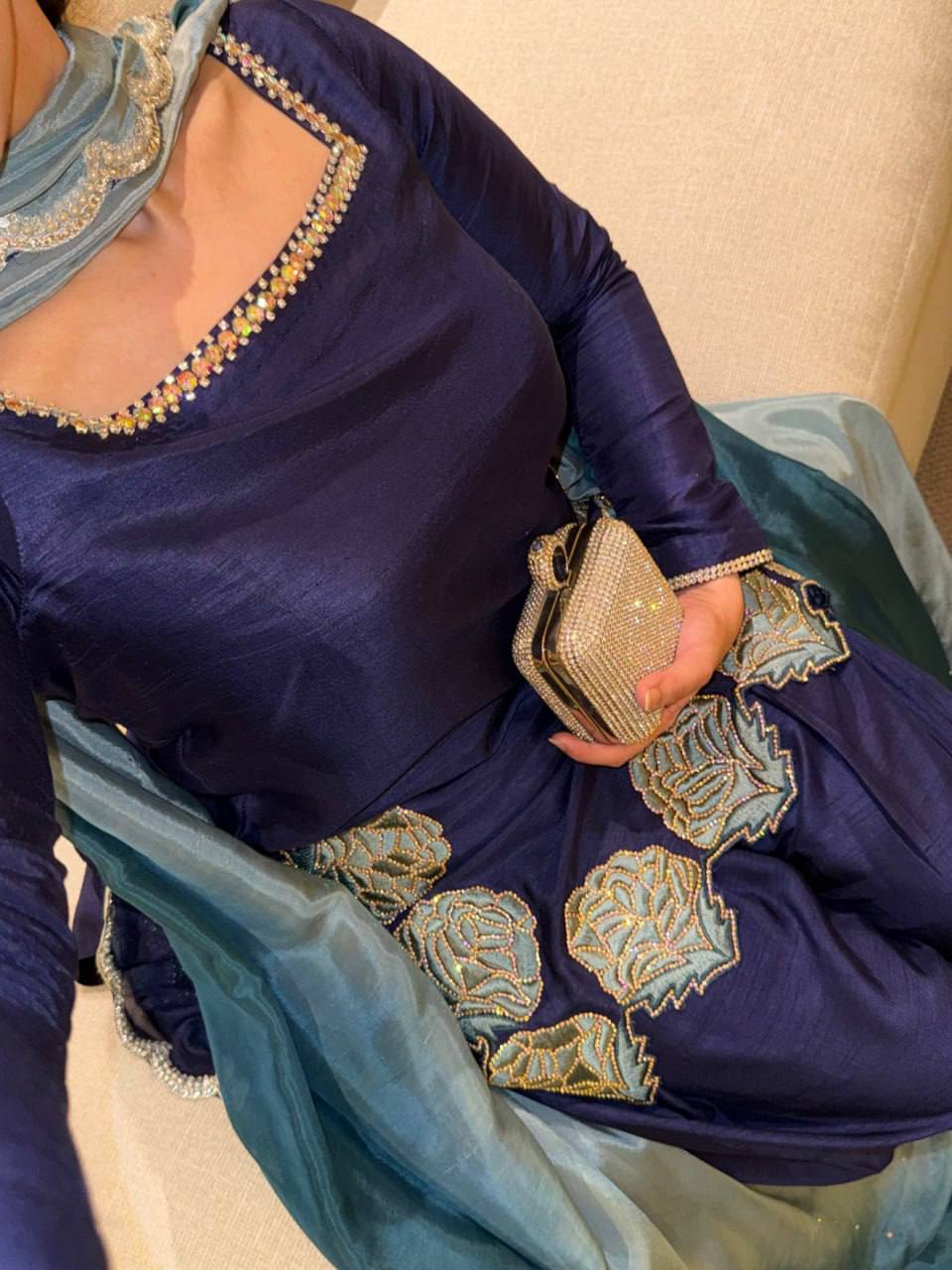 Alluring Navy Blue Color Natural Crepe Sequence Work Farshi Suit