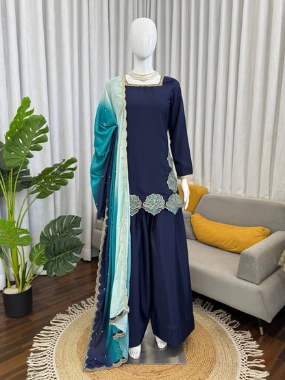 Alluring Navy Blue Color Natural Crepe Sequence Work Farshi Suit
