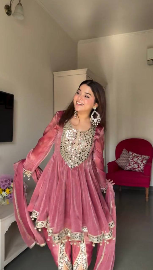 Marvelous Pink Color Real Mirror With Fancy Latkan Top With Dhoti