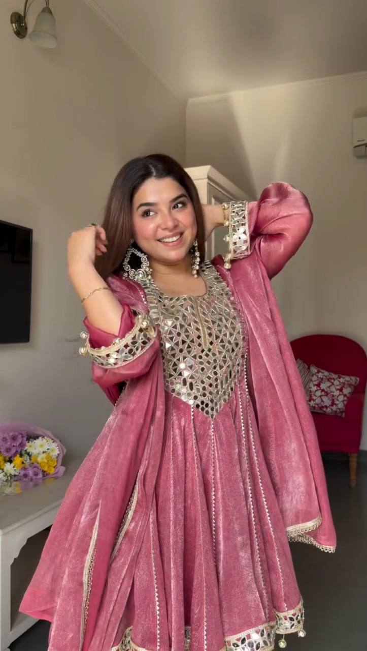 Marvelous Pink Color Real Mirror With Fancy Latkan Top With Dhoti