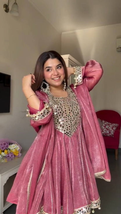 Marvelous Pink Color Real Mirror With Fancy Latkan Top With Dhoti