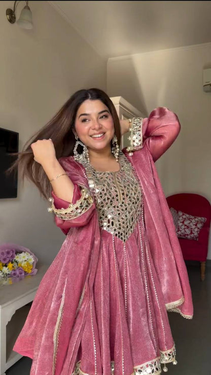 Marvelous Pink Color Real Mirror With Fancy Latkan Top With Dhoti