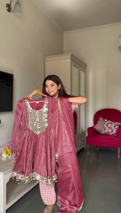 Marvelous Pink Color Real Mirror With Fancy Latkan Top With Dhoti
