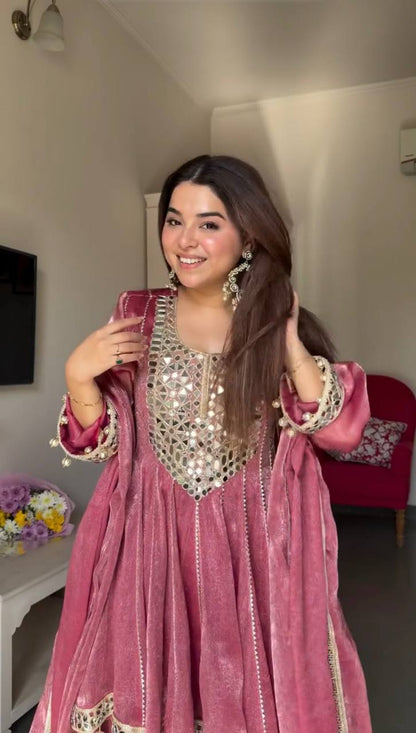 Marvelous Pink Color Real Mirror With Fancy Latkan Top With Dhoti