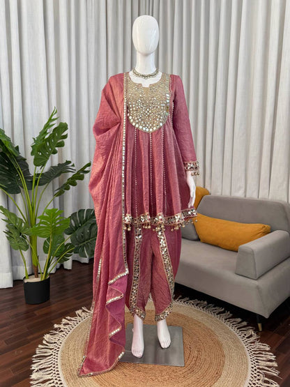 Marvelous Pink Color Real Mirror With Fancy Latkan Top With Dhoti