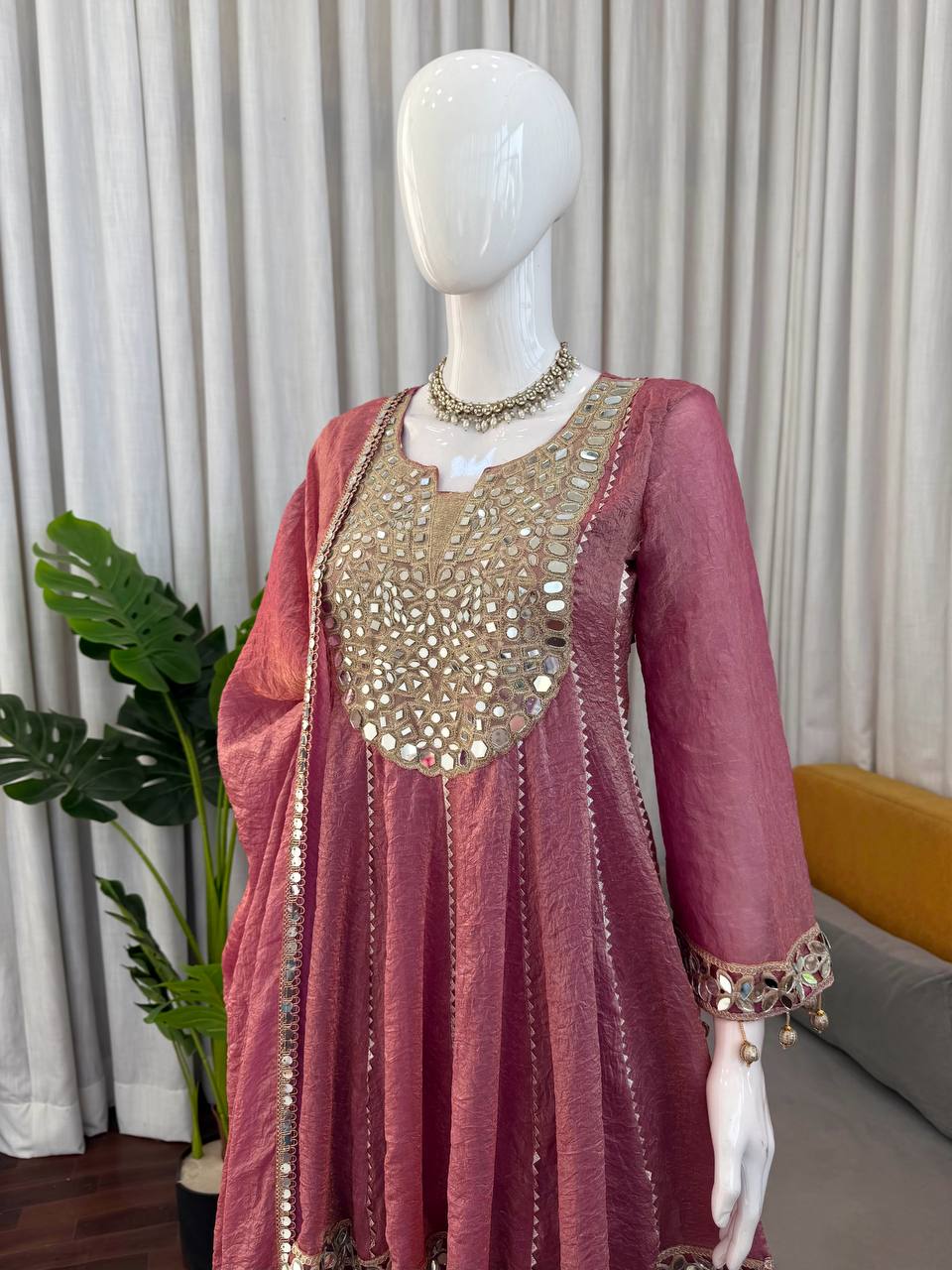 Marvelous Pink Color Real Mirror With Fancy Latkan Top With Dhoti