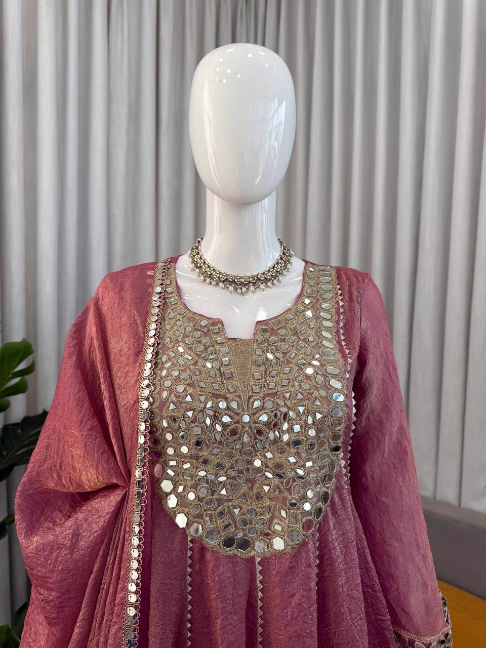 Marvelous Pink Color Real Mirror With Fancy Latkan Top With Dhoti