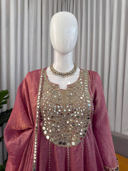 Marvelous Pink Color Real Mirror With Fancy Latkan Top With Dhoti