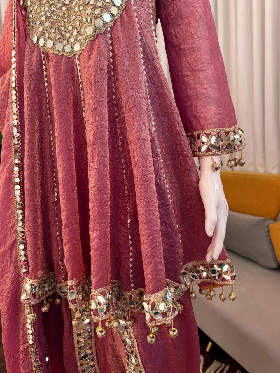 Marvelous Pink Color Real Mirror With Fancy Latkan Top With Dhoti