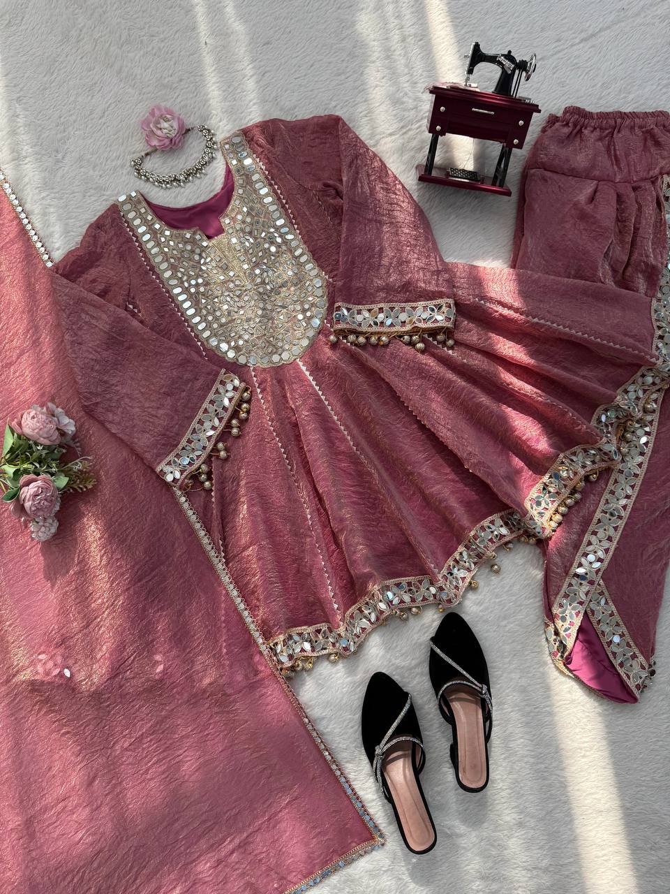 Marvelous Pink Color Real Mirror With Fancy Latkan Top With Dhoti