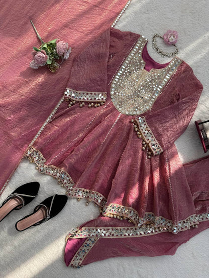 Marvelous Pink Color Real Mirror With Fancy Latkan Top With Dhoti