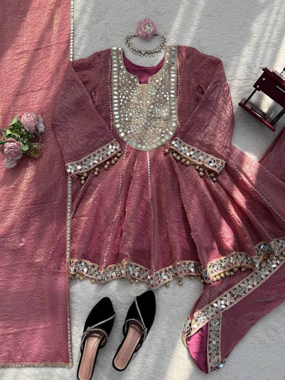 Marvelous Pink Color Real Mirror With Fancy Latkan Top With Dhoti