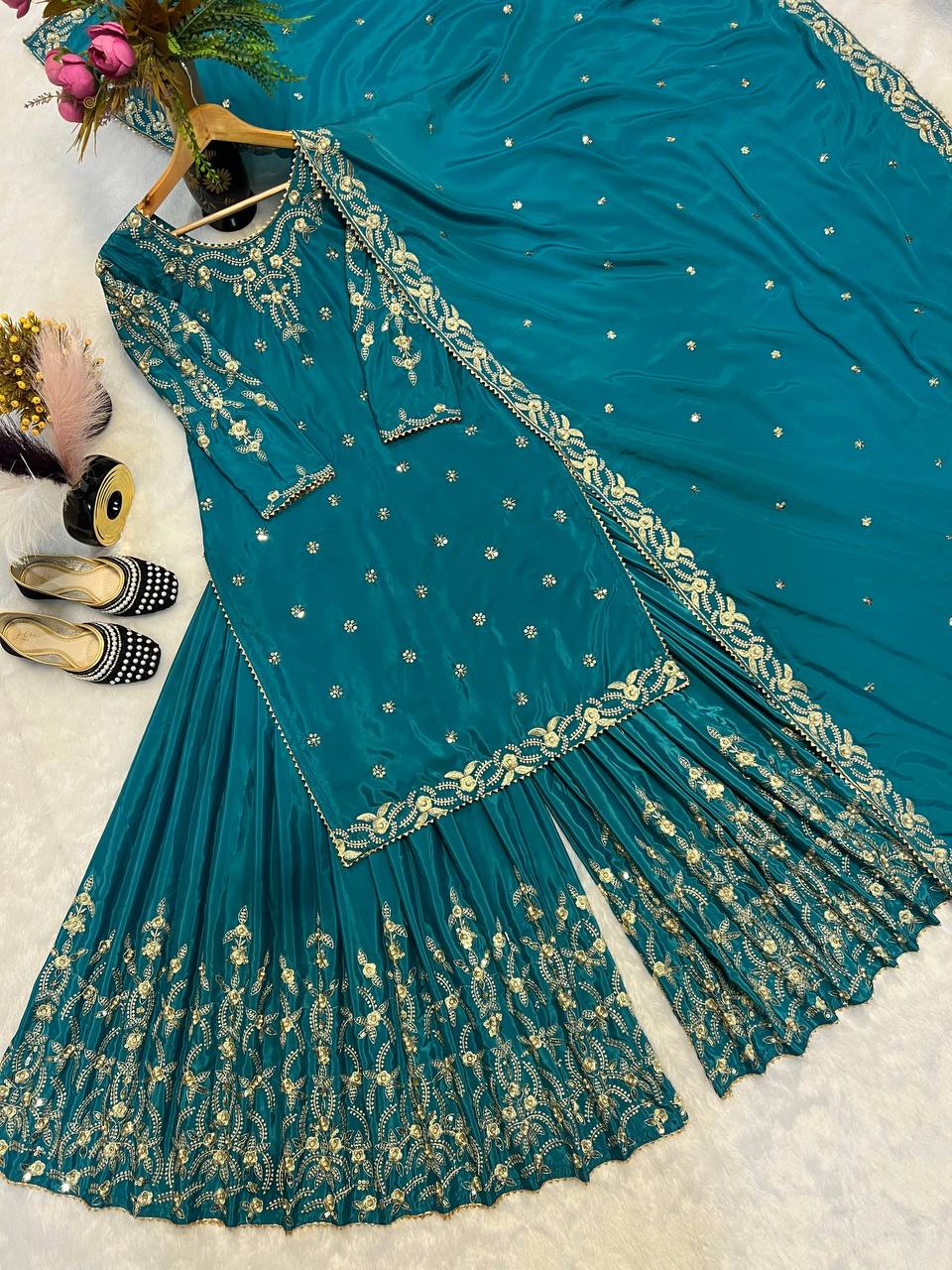 Wedding Wear Teal Color Pure Heavy Natural Crepe Silk With Moti Work Embroidery Work Sharara Suit