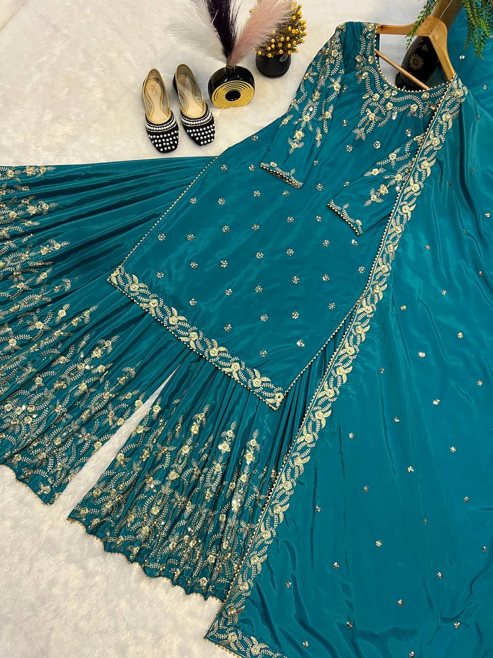 Wedding Wear Teal Color Pure Heavy Natural Crepe Silk With Moti Work Embroidery Work Sharara Suit