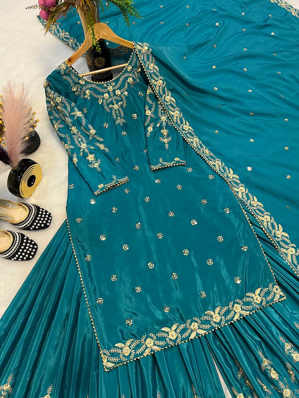 Wedding Wear Teal Color Pure Heavy Natural Crepe Silk With Moti Work Embroidery Work Sharara Suit